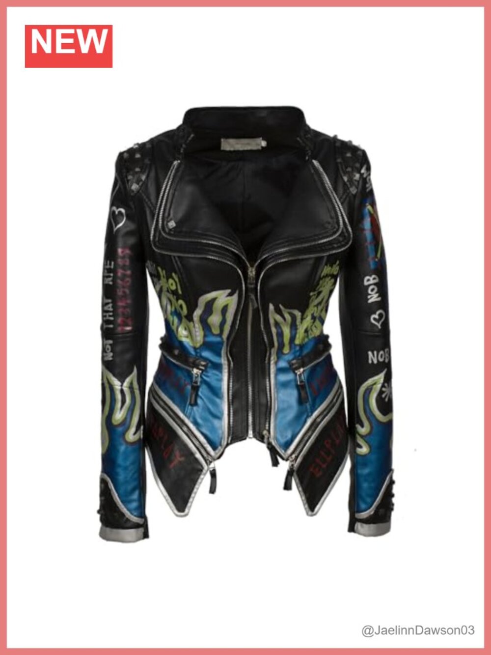 Faux Leather Hand Painted Graffiti Studded Motorcycle Jacket
